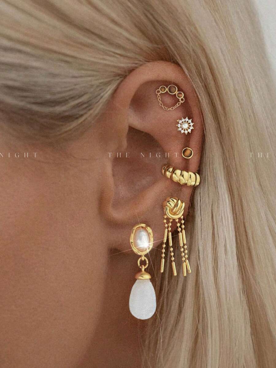 1 Bộ 6 chiếc khuyên tai Zirconia & Opal, khuyên tai & kẹp tai Bộ trang sức thời trang dành cho nữ, thích hợp cho tiệc tùng, ngày lễ, hẹn hò hoặc đám cưới - Vàng - Xem 1