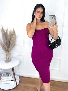 Vestido Feminino Tomara que caia Tricô Tricot Canelado Elegante e Casual - Beje - Visão 4