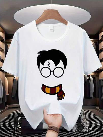 Warner Bros Camiseta de manga corta con cuello redondo y estampado gráfico de dibujos animados de Harry Potter para hombres, camiseta casual de moda para hombres, ligeramente elástica, no transparente, material de fácil cuidado, adecuada para uso diario, camiseta de manga corta para hombres, adecuada para todas las estaciones