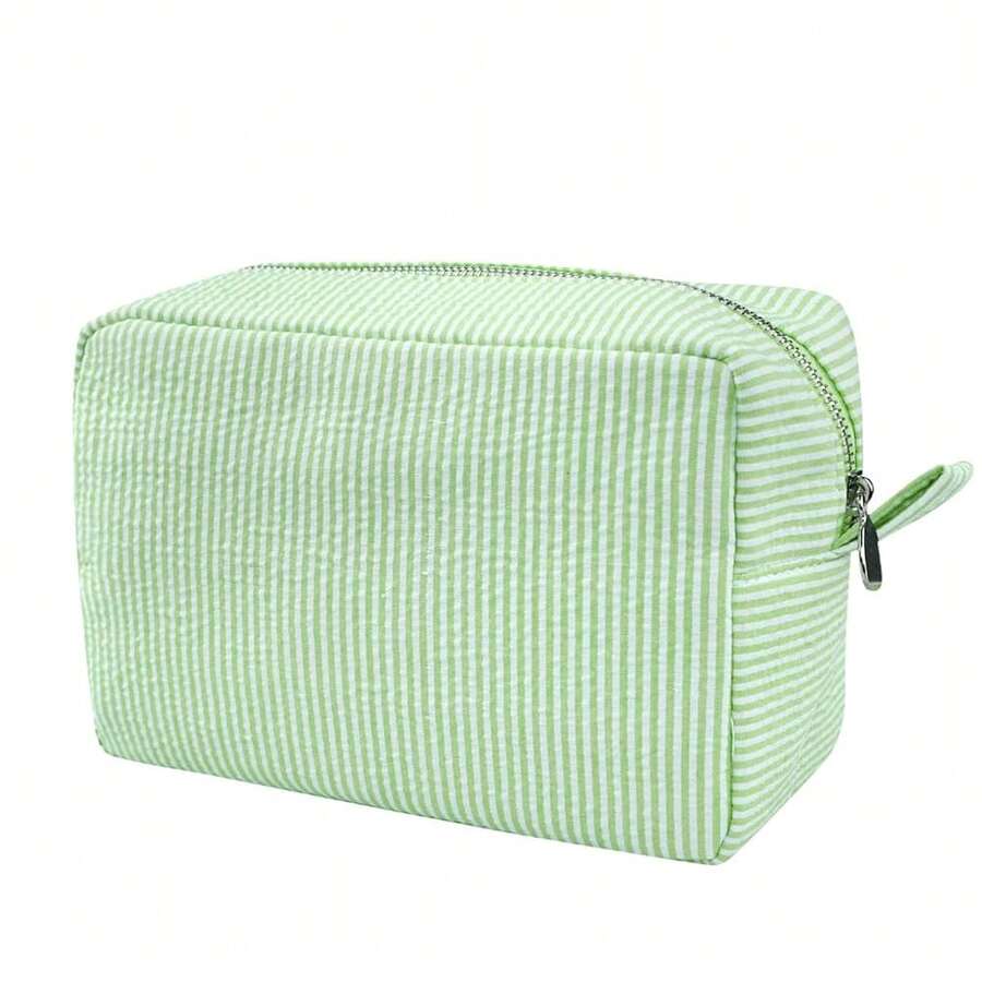 GFU Cosmetic Bags For Women, Seersucker Cosmetic Bag, Travel Toiletry Stripe Makeup Bag, Large Women Aesthetic Organizer Storage Pouch, Girls Handbags Purses, Green{"Color_name":"Green"} - 綠色 - 查看 1