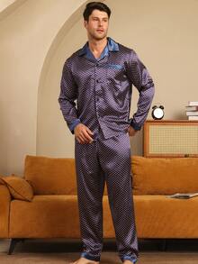 2pcs Men's Polka Dot Pattern Contrast Collar Pajama Set, Long Sleeve Top And Long Pants, Suitable For Spring, Summer, Autumn And Winter - Multicolor - View 1