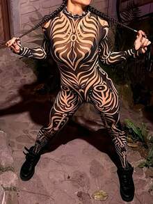 New Sexy Bodycon Round Neck Long Sleeve Contrast Color Jumpsuit For Women - Black - View 3