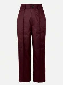 Jessefine Solid Color Zipper Button Suit Fabric Straight Pants, Elegant For Commuting And Office Wear, Versatile For Spring And Summer - Burgundy - View 3