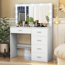 Makeup Dressing Table With Mirror, Modern Wood Vanity Desk, 5 Drawers, 3 Color Modes Adjustable Brightness, LED Lights Mirror Makeup Table, Vanity Desk With Mirror And Lights, Bedroom Furniture, Christmas Or Halloween Gift For Women - 白色 - 查看 4