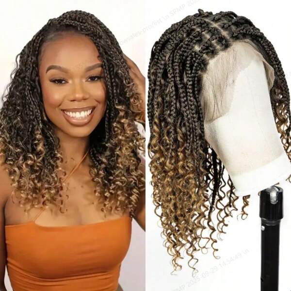 A ANYTIME Ombre Knotless Box Braided Wigs With Curly Ends Synthetic Full Lace Braided Lace Wigs Short Boho Braided Bob Wig