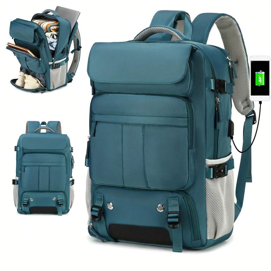 Zaino casual in poliestere con scomparto per scarpe, funzione di ricarica USB e spallacci regolabili, adatto per lavoro e viaggi - Compatibile con laptop da 15,6 pollici