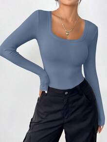 Women Spring And Fall Long Sleeve Shirts Clothes Cute Going Out Tops Ribbed Tight Fitted Plain Basic Tee Tshirts Vacation Outfits For Women - xanh xám - Xem 2