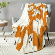 Cozy Halloween Flannel Blanket - Soft & Luxurious, Orange With Playful White Ghosts - Bedroom, Living Room, Or Outdoor Halloween Parties - All-Season Comfort 280gsm Room Decor Home Essentials Decor Bedroom
