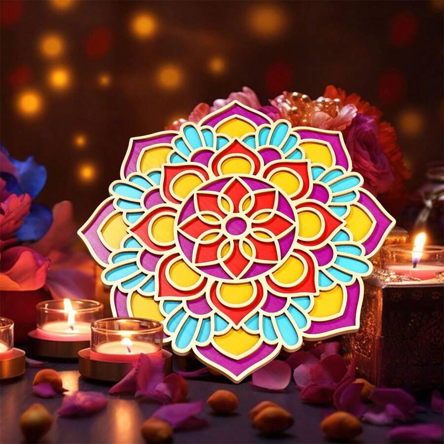 Adornos florales para posavasos de Diwali hechos a mano, decoraciones festivas con forma de mandala pintadas a mano para celebraciones navideñas - amarillo claro - Ver 1