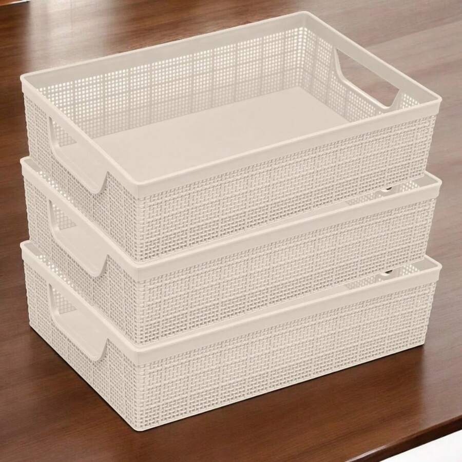 Kit Of 3 Stackable Organizer Baskets, Resistant Plastic, 2 Liters, Multipurpose, Kitchen, Bathroom, Kitchen - Beige 2 - View 1