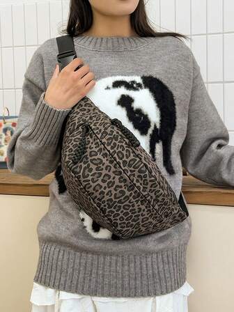 Women's Fashionable Leopard Print Chest Bag, Multi-Pocket Design For Organized Storage, Adjustable Shoulder Strap, Suitable For Casual, Work, Commute, Travel