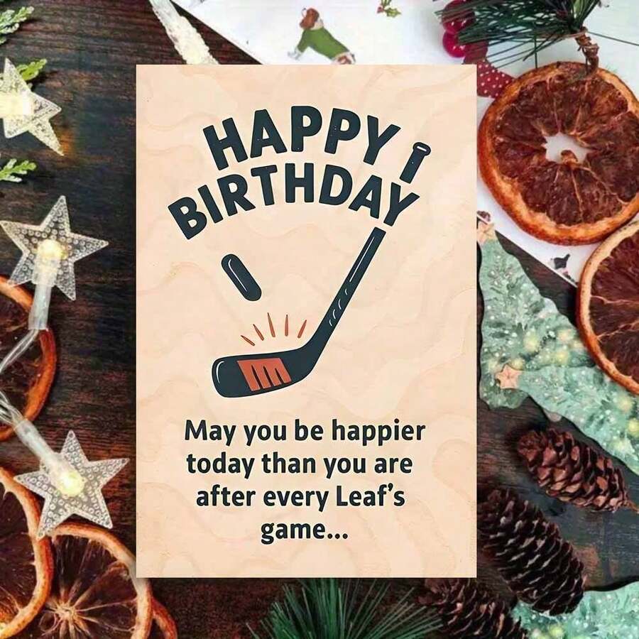 Une carte d'anniversaire humoristique pour les fans des Maple Leafs, parfaite comme cadeau unique pour les amis et la famille qui aiment les sports. Célébrez avec une touche d'humour inspirée des matchs des Leafs