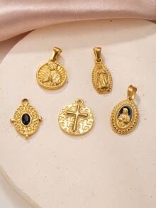 1 pieza Colgante chapado en oro de 18K de acero inoxidable, colgante redondo de la Virgen María, dije de cruz, colgante negro, DIY para collares, aretes, joyería, uso diario, regalo