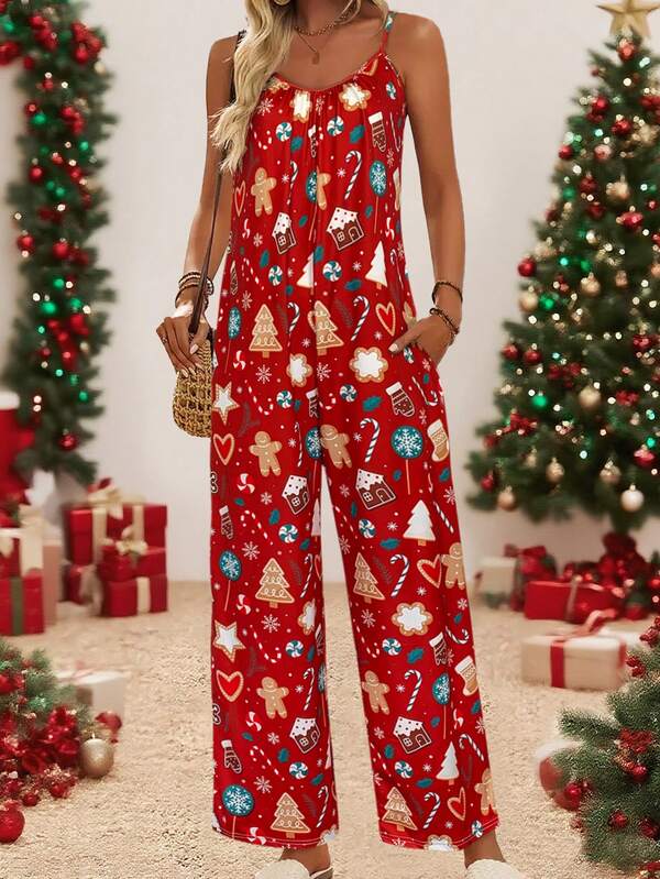 Damen Weihnachts-Lebkuchen-Muster Träger-Jumpsuit, festliche Weihnachts-Kekse Mode Lebkuchen-Muster Kleidung, ideal für Feierlichkeiten und Lässig, Must-Have Winter Outfit, stilvolle Weihnachts-Kleidung, Mode Weihnachts-Kleidung, Lässig Herbst Damen Kleidung