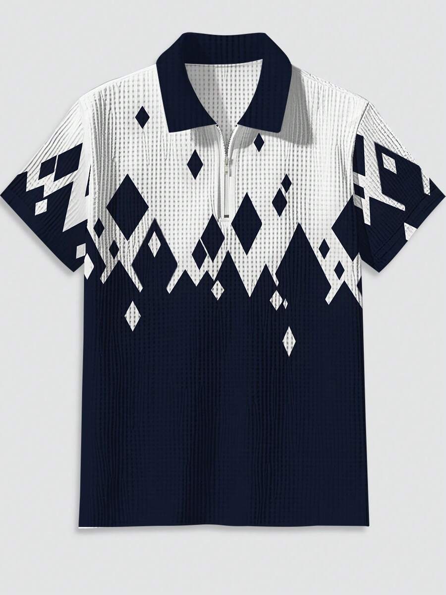 男士舒适休闲短袖华夫格针织 3D 钻石印花 Polo 衫，适合夏季商务/高尔夫/户外 - 彩色 - 查看 1