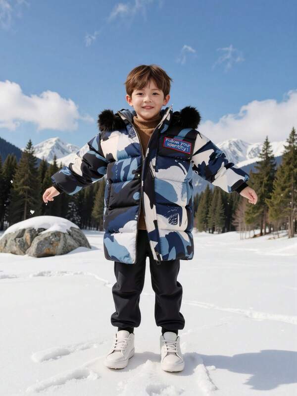 8-13Y Unisex Thickened Hooded Jacket, Suitable For Cold Weather Outdoor Casual Wear, Mid-Length Fitted Style, Detachable Hood, Practical Pockets, Letter Embroidered Arm Patch And Chest Logo Design, Fashionable Mid-Length Hooded Warm Winter Coat