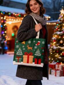 Bolso de lona grande con estampado personalizado para el hombro de mujer, adecuado para Navidad y otoño/invierno