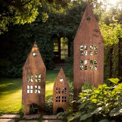 3pcs Rustic Metal Castle Garden Stakes - Vintage Style Outdoor, Patio And Balcony Decor, No Power Or Battery Needed, Great For Easter And Home Themed Spaces, Metal Garden Art, Perfect For Christmas, Ideal For Room Decoration