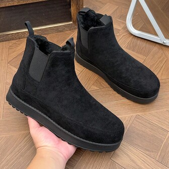 Herr enfärgade, enkla preppy-stövlar med TPR-sula i fuskpäls, slip-on-stövlar med elastisk ankel, svarta