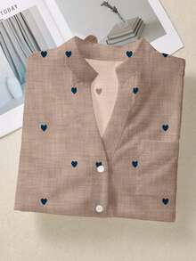 ​Women's Romantic Heart Print Long Sleeve Button Down Shirt With Pocket Fall Winter Tops​ - Coffee Brown - View 9