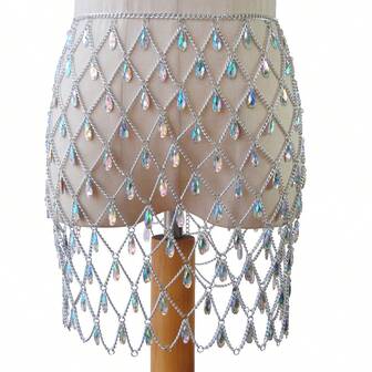 新款时尚亚克力水滴镂空链条裙，闪亮性感腰链身体链