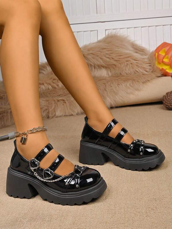 أحذية نسائية ذات كعب عالي سميك بطراز بانك روك لوليتا بيتيت، بنمط ماري جين جوثي بارتفاع 8 سم