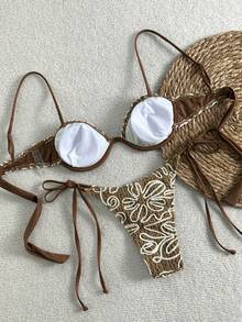 Women's Embroidered Crochet Bikini Set Featuring Underwire Bra And Side Tie Bottoms For A Chic Beach Look