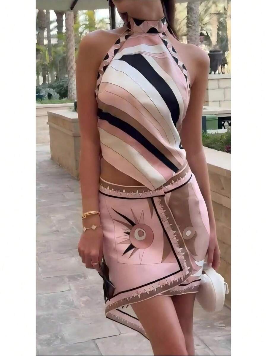 New Sexy Satin Halter Neck Backless Top Irregular Skirt Shorts Set NTZ6026 - Top and Skirt Set - View 1