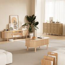 INNOD 70" TV Stand With RGB LED Lights, Mid Century Modern Acrylic Sliding Doors & Ample Storage, Tall Legs For Living Room Entertainment Center, Stylish Wood Media Console Cabinet - Natural Oak - 查看 9