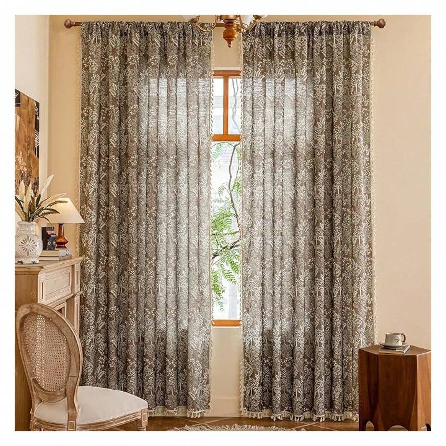 Floral Curtains 63 Inch Brown Boho Drapes - 2 Panel Botanical Window Treatments For Living Room & Bedroom, Rod Pocket Semi Sheer Curtains With Tassels - 多色185 - 查看 1