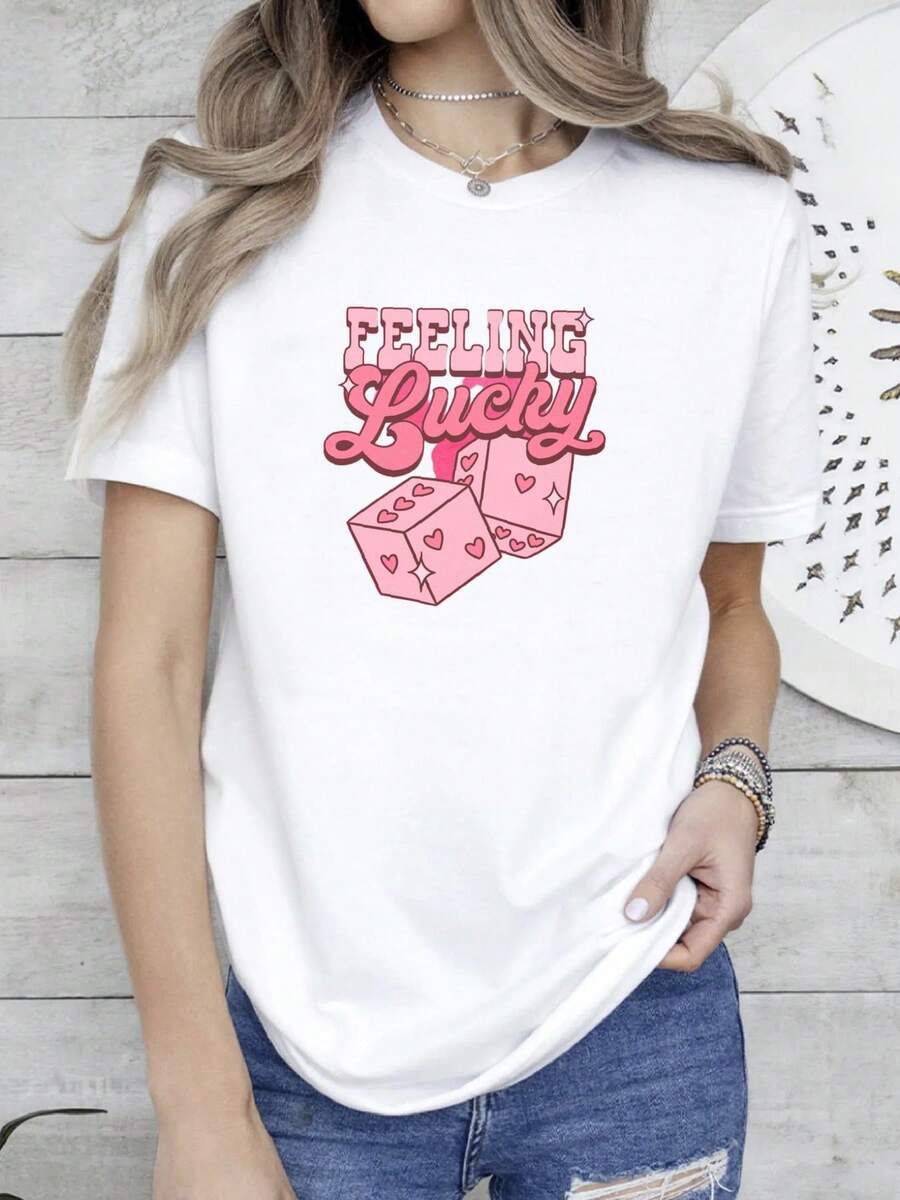 180g pure Cotton Valentines Day Feeling Lucky Sweatshirt, Retro Valentines Day Shirt, Girls Trip Shirt, Trendy Valentines Day Shirt, Lucky Dice Shirt fashion Print Round Neck Short Sleeve Comfortable graphic female Casual Unisex Stretched Soft streetwear Summer - Blanco - Ver 1