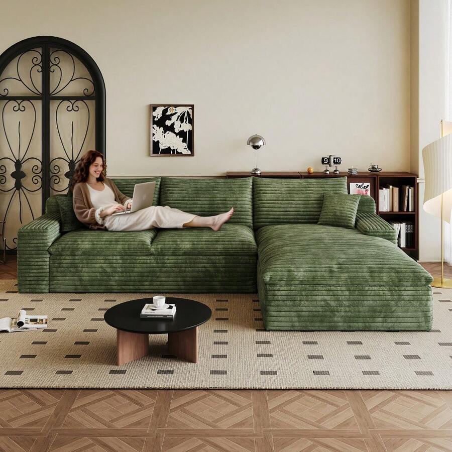 LUCKHAO 106" Cloud Sectional Couch With L-Shape Chaise, Modern Modular Comfy Sofa Chaise Longue, Upholstered Corduroy Couches Sleeper With Deep Seat For Living Room Bedroom, No Assembly Required - 右向躺椅+2座(綠色) - 查看 1