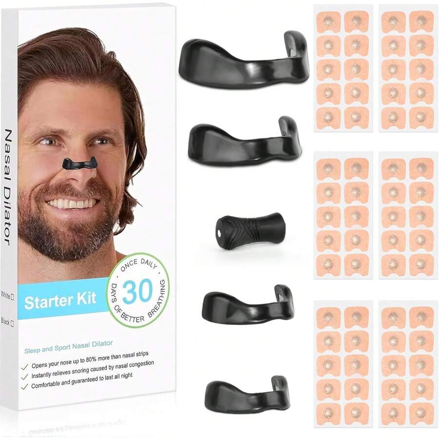 60 Tiras Nasales - Kit de 30 Pares de Dilatador Nasal Magnético (Negro) - Aumenta Oxígeno, Reduce Ronquidos, Mejora el Sueño - Antironquidos, Resistente al Sudor,  para la Piel - 1 - Ver 1