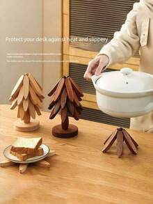 1 Set Of 5pcs Leaf-Shaped "Heat Insulation Tree" - Solid Wood Heat Insulation Pad, High Temperature Resistant Coaster, Wooden "Christmas Tree" Trivet, Pot Holder, Cup Coaster, Modern Minimalist Plate Mat, Ideal Gift For Halloween And Christmas - Multicolor - View 3