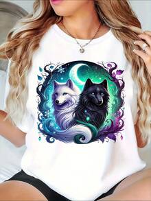 Women's Wolf Couple Moon Night Sky Galaxy Art Print Women's Shirt, 220g - 白色 - 查看 1