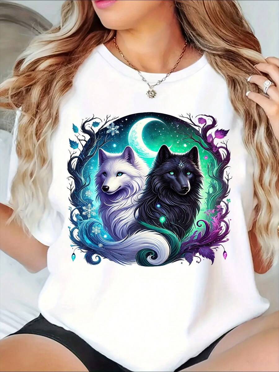 Women's Wolf Couple Moon Night Sky Galaxy Art Print Women's Shirt, 220g - 白色 - 查看 1