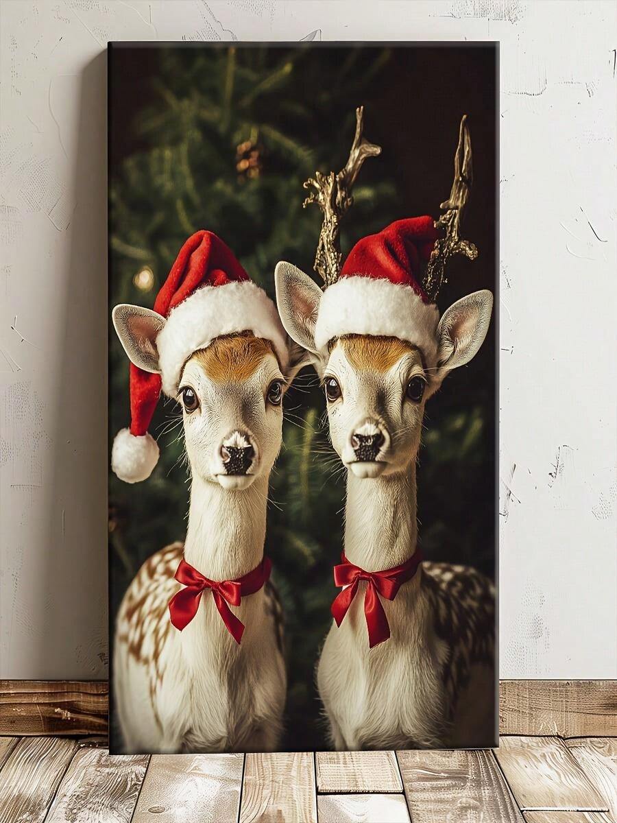 1pc 30*40cm(12*16inch) Christmas Festive Reindeer And Santa Hat Canvas Art - Wooden Frame Wall Decor For Home, Office And Living Room, Christmas Home Decor