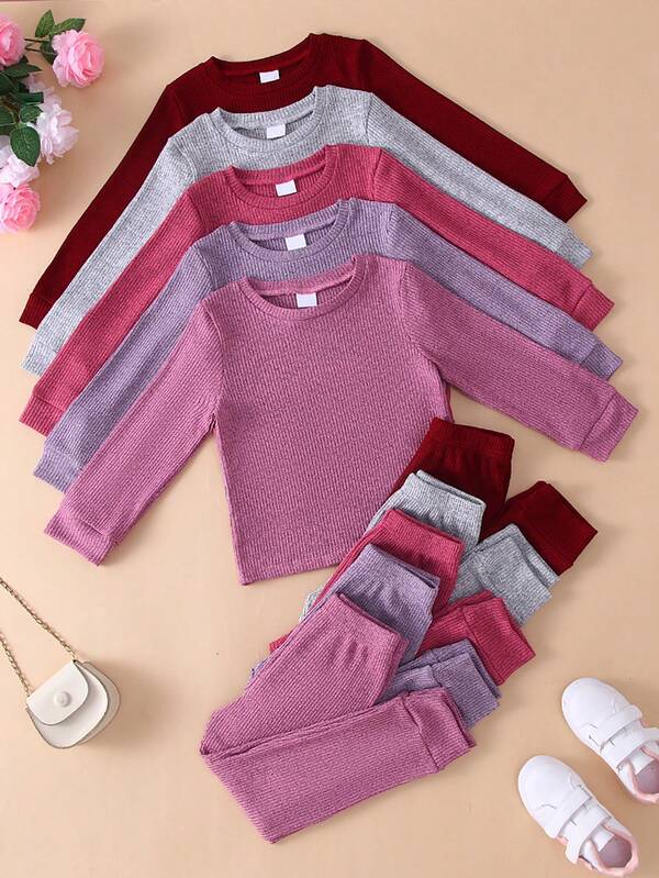 10pcs Baby Casual Solid Color Comfortable Stretchy Soft Knit Fabric Long Sleeve T-Shirt Paired With Solid Color Versatile Pants Outdoor Set, Autumn/Winter