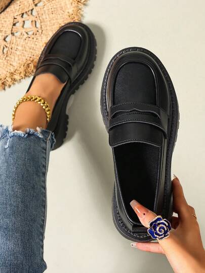 Black Leather Loafers For Women, Thick Sole, -On, Decorative Belt, Comfortable Soft Sole, Casual School Style, Suitable For Spring, Autumn, All Seasons