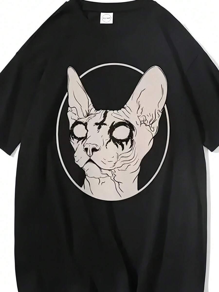 Death Metal Sphynx Cat  Witchy Tops Fashion Gothic Tshirt Steampunk Hipster Unisex Shirt Short-Sleev Tee - màu đen - Xem 1