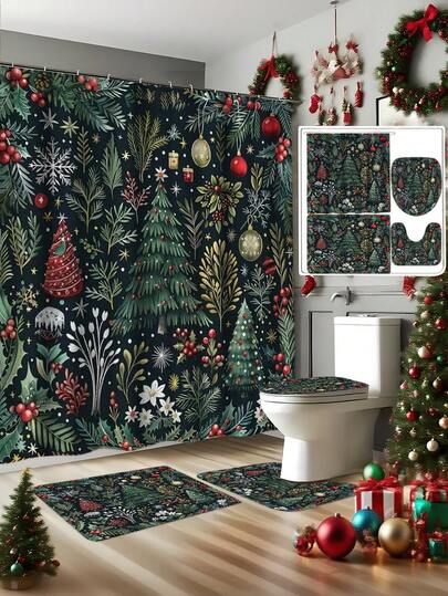 1/4 pezzi Set di decorazioni natalizie vintage classiche verdi, Albero di Natale, Luci di Natale, Set di tende da doccia a fiocco di neve, 12 ganci, tenda da doccia impermeabile, decorazione per la casa, accessori per il bagno, decorazione per il bagno