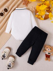H HIBOBI 2-Piece Baby Boy Polo Romper Set – Long Sleeve Bodysuit With Bow Tie And Stripe Pants (1-18M) - White - View 3