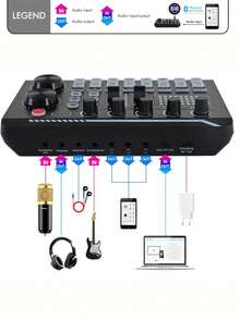 USB 供电现场声卡，带音频接口、DJ 混音效果、变声器和可充电 1200mAh 锂电池，适用于直播、播客和游戏 - 录音棚设备 - 黑色 - 查看 8