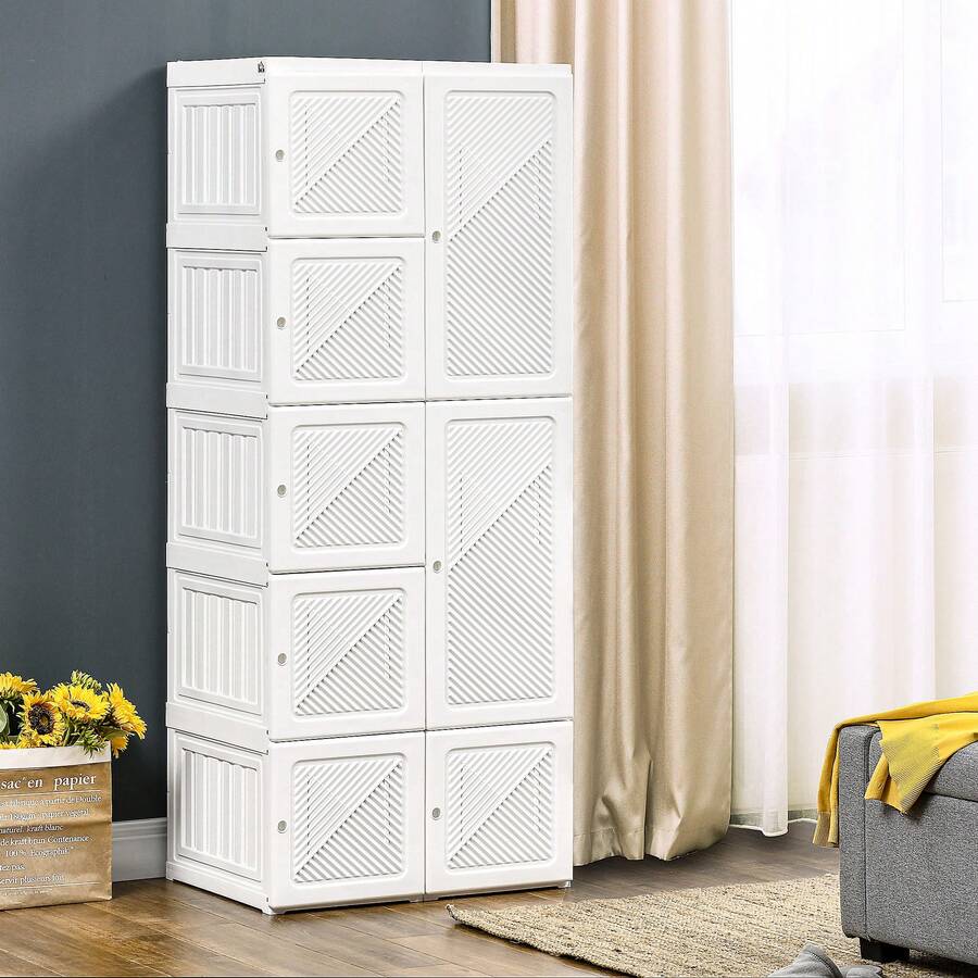 HOMCOM Portable Wardrobe Closet Cabinet Foldable Plastic Clothes Storage Organzier For Bedroom With 6 Cube Compartments & 1 Hanging Rods Magnet Doors Easy Assembly White - White - View 1