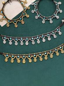 1 件复古波西米亚风格手工编织串珠脚链女款金银色编织铜和绿松石珠脚链异国风情脚铃饰品