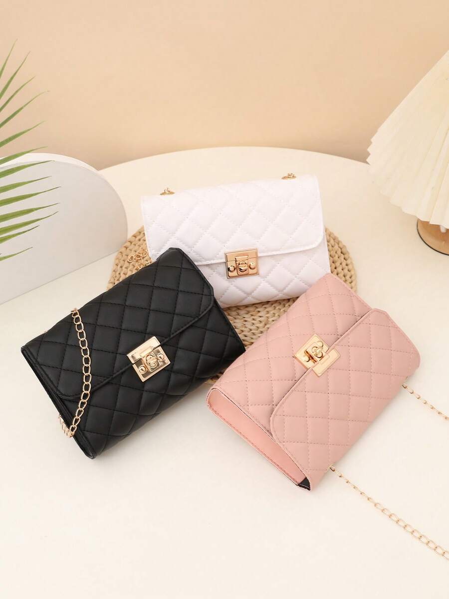 1pc Elegant White Diamond Grid Shoulder Bag, Minimalist White Diamond Pattern Design With Shiny Metal Lock And Chain, Chic & Romantic French Style, Soft Texture Diamond Grid White Handbag, Exudes Spring Fashion Vibe, Lightweight Crossbody Bag