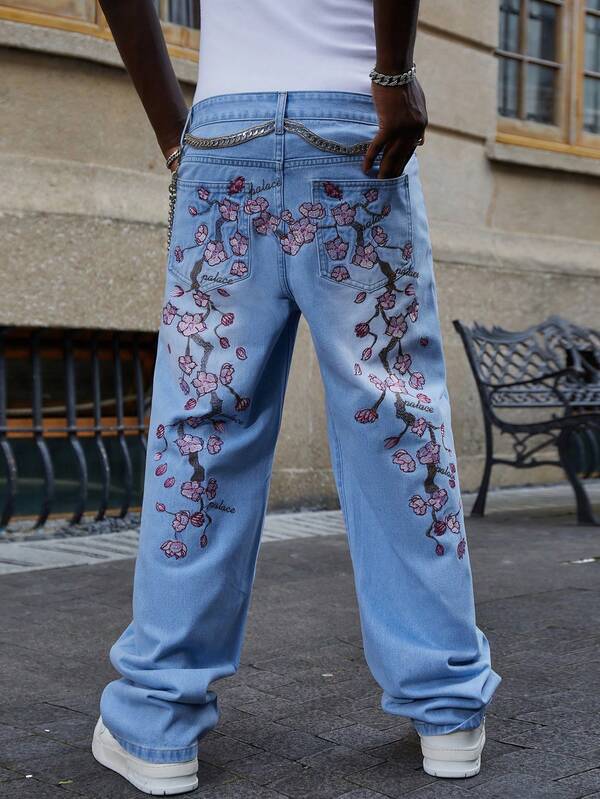 Men's New Casual Fashion Peach Blossom Embroidered Denim Jeans, Streetwear Washed Blue Jeans