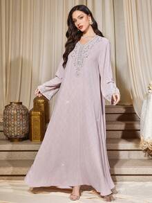 V-Neck Long Sleeve Beaded Pearls Rhinestones Embellished Vacation Dress - Pink - View 5