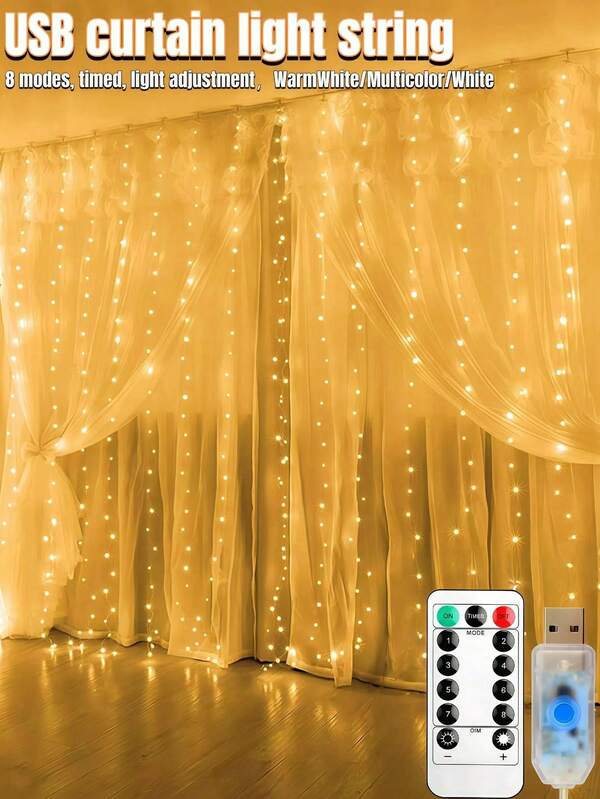 100/200/300 سلسلة أضواء ستارية LED - 8 أوضاع، تستخدم لديكور عيد الميلاد أضواء جنية، إمداد طاقة USB، مع جهاز تحكم عن بعد، وظيفة ضبط السطوع والتوقيت، أضواء عيد الميلاد USB، مناسبة لغرفة النوم والعائلة والعطلات والزفاف والحفلات ورأس السنة وديكور عيد الميلاد، للاستخدام الداخلي والخارجي (أبيض دافئ/أبيض/ملون)