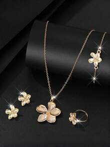 4pcs/Set Fashionable & Elegant 5-Petal Flower Jewelry Set, Earrings, Ring, Bracelet, Necklace Set, Suitable For Christmas And Party Outfits